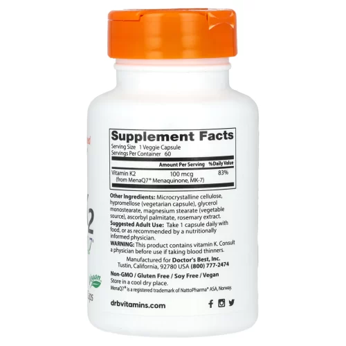 Doctor's Best Natural Vitamin K2 MK-7 with MenaQ7, 100 mcg, 60 Veggie Caps - Image 2